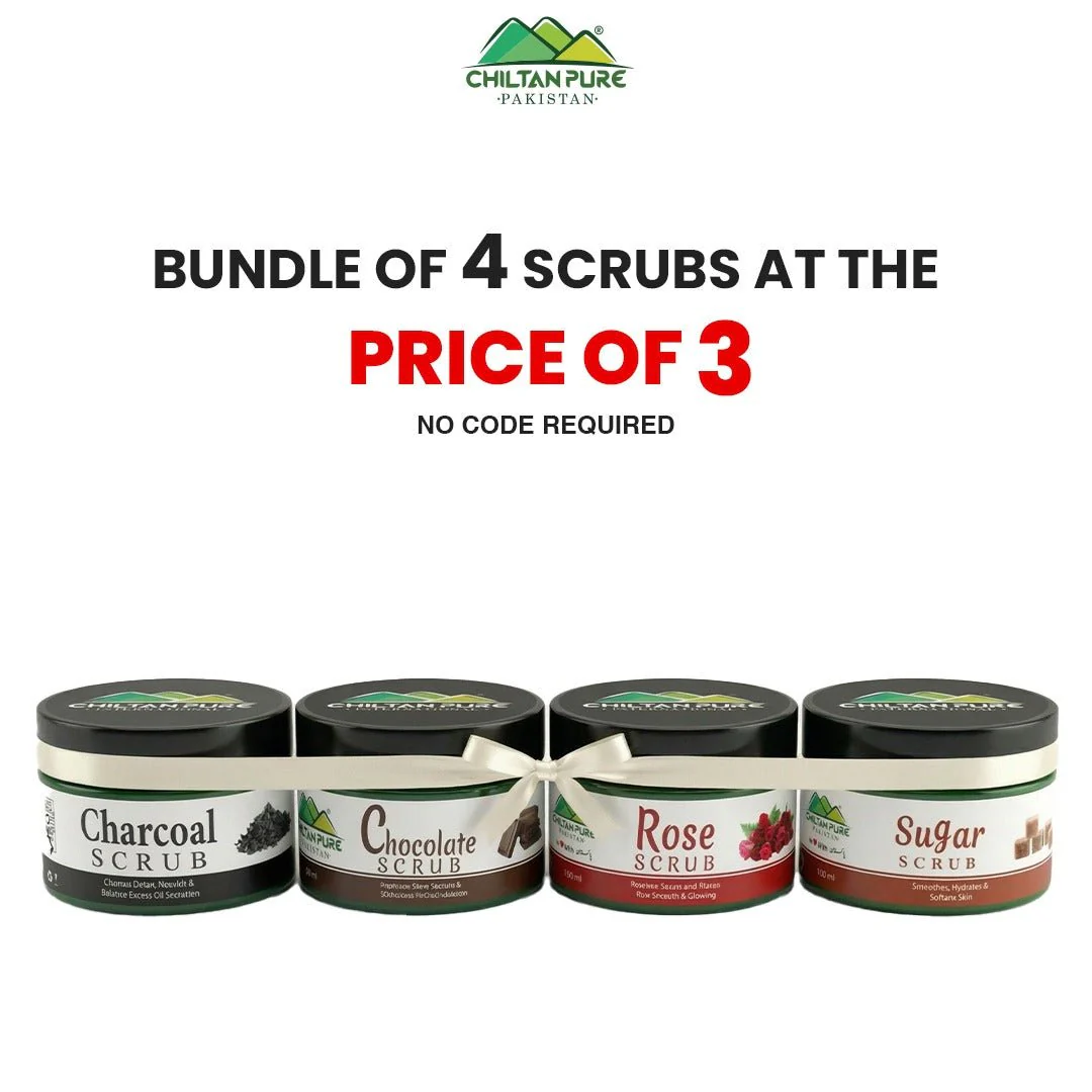 Bundle Of 4 Scrubs At The Price Of 3 / Charcoal Scrub / Chocolate Scrub / Rose Scrub / Sugar Scrub